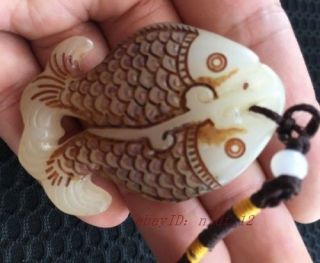 Fine Old Two - Sided Hand - Carved Chinese Hetian White Jade Pendant - Two Fish