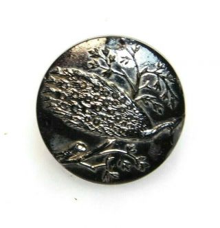 Antique Button Victorian Silver Luster Glass Peacock In A Tree Zz