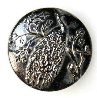 Antique BUTTON Victorian SILVER Luster Glass PEACOCK in a Tree ZZ 2