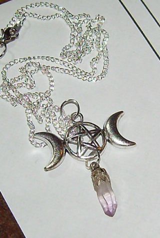 Wiccan Pagan Triple Moon Pentacle Pendant And Amethyst Point