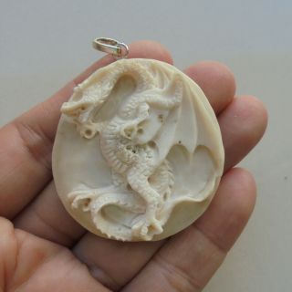 Dragon Pendant,  Dragon Carving From Buffalo Bone Carving With Silver Bail