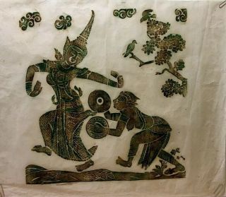 Vintage Thai Temple Stone Rubbing Art On Rice Paper Dancing Women