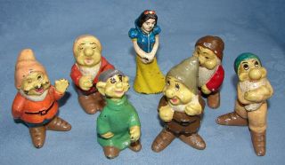 Vintage Walt Disney Snow White & 6 Dwarfs Cast Iron Figurines Rare Yellow Skirt