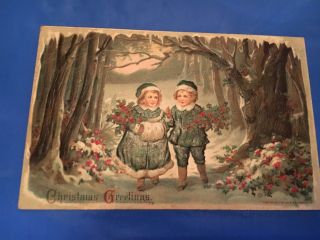 1912 Victorian Christmas Card Great Art - Boy & Girl In Woods W/ Holly - Check Pics