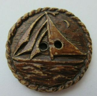 Wonderful Antique Vtg Carved Burwood Picture Button Sailboat Crescent Moon (f)