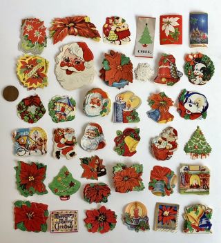 100,  Vintage Christmas Seals Labels Stickers Gift Tags Santa Poinsettia Bells