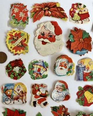 100,  Vintage Christmas Seals Labels Stickers Gift Tags Santa Poinsettia Bells 5