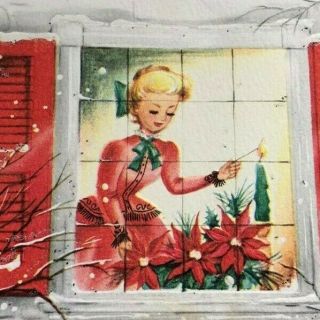 Lady Girl Red Dress Lighting Candle Window Shutter Embossed Christmas Vtg Card