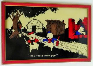Walt Disney The Three Little Pigs No.  425 Reverse Painted Glass By Houte 11.  75 "