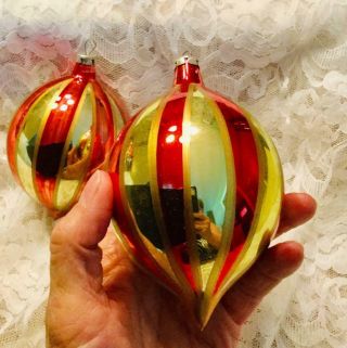 2 Large Vintage Glass Teardrop Christmas Ornaments Stripes 4 - 1/2 " Romania