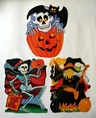 3 - Vintage Halloween Die Cut Out Witch,  Skeleton & Jack - O - Lantern Eureka Usa