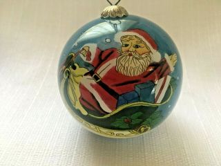 Vintage Glass Christmas Ornament Reverse Hand Painted Santa Reindeer Flying 3.  5 "