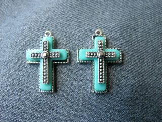 2 Vintage Color Plastic & Silvered Metal Cross Pendants