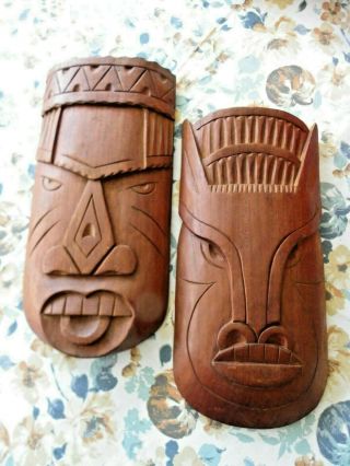 Set Of 2 Large Wooden Hand Carved Wood Tribal Masks Fiji Polynesia 16 " X 7.  5 "