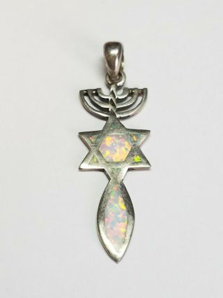 Vintage 925 Sterling Silver Opal Messianic Pendant Menorah David Star Fish