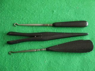 3 Antique Real Ebony Items Button Hook Shoe Horn Glove Stretchers