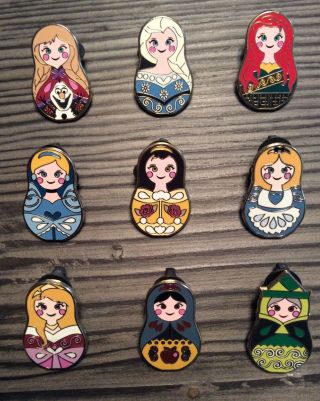 Mystery Princess Nesting Dolls 9 Pin Set Disney Elsa Anna Cinderella Belle Etc.