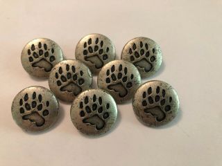 Vintage Set Buttons Metal Bear Paw Print Heavy Pewter 7/8”