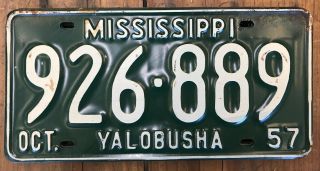 1 Antique Vintage 1957 Mississippi Car Tag License Plate Green White Yalobusha
