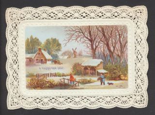 C6316 Victorian Year Card: Winter Scene,  Lace Border 1870s