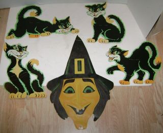 5 Vintage Beistle Halloween Die Cut Decorations Black Cat Witch