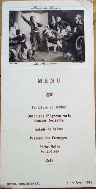 Menu: French 1966 - Hotel Continental,  Paris,  France W/louvre Museum Vignette