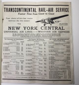 York Central Rr Trans Rail - Airline Travel June,  23 1929 Timetable