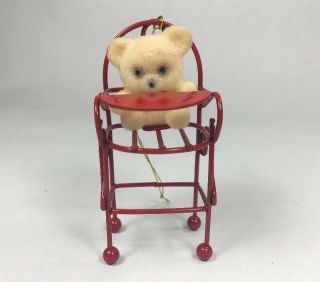 Vintage Miniature Flocked Teddy Bear In A Red High Chair Christmas Ornament