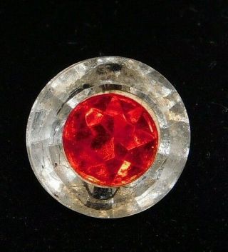 Small Antique Vintage Button Vibrant Red Inlay In Faceted Clear Glass A13