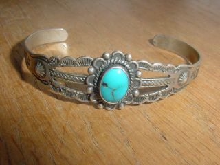 Vintage Navajo Indian Turquoise And Sterling Silver Bracelet Stamped Designs