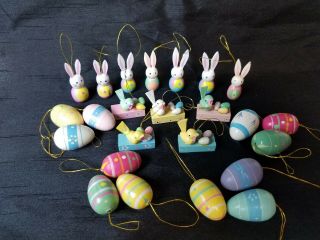 24 Vintage? Wood Feather Tree Easter Ornaments Eggs Bunny Birds Pastel Colors
