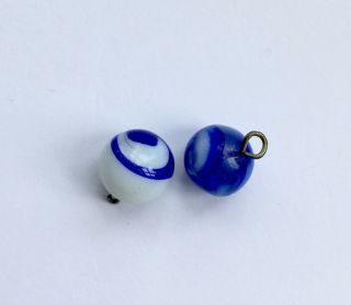 2 Antique Victorian Blue & White Glass Ball Buttons