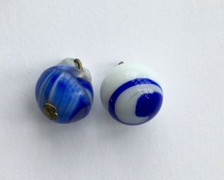 2 Antique Victorian Blue & White Glass Ball Buttons 3