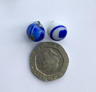 2 Antique Victorian Blue & White Glass Ball Buttons 4