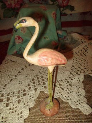 Antique Vintage Paper Mache Pink Flamingo Figurine Folk Art