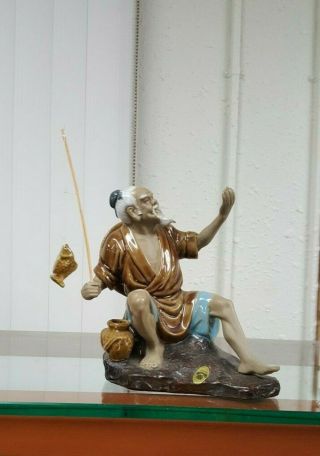 6.  5 " Sitting Chinese Clay Porcelain Fisherman Mudman With Fishing Pole Figurine