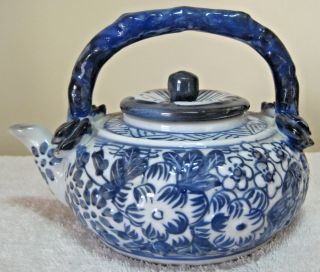 Vintage 5 " Porcelain Chinese Teapot With Lid Blue White Floral Design 23 Oz.  Wt.