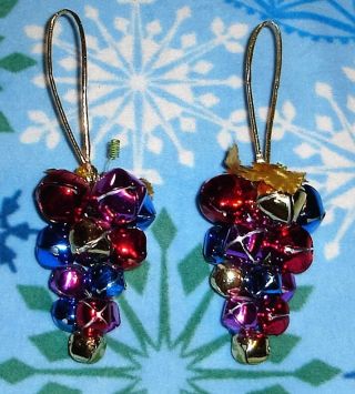 (2) Multi Colored 16 Count Jingle Bells Grape Cluster Shaped Ornaments 4 1/4 "