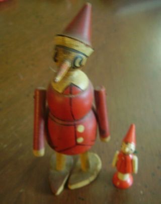 Vintage Wood Wooden Pinocchio With Small Friend Old Handmade And Painted