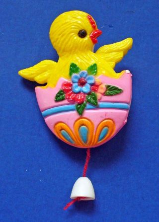 Pin Easter Vintage Pull String Duck Egg Holiday Brooch 1970s Plastic