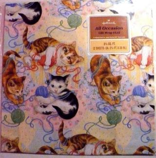 Vintage Hallmark Cats Playing With Yarn All Occasion Gift Wrap 2 Sheets Nip