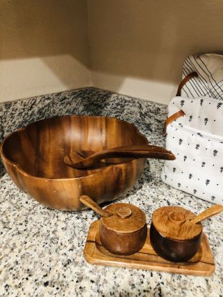 Vintage Monkey Pod Wood Salad Bowl With Condiment Servers 9 - Piece Set Tiki Decor 2