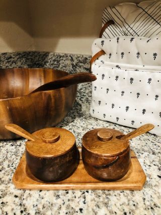 Vintage Monkey Pod Wood Salad Bowl With Condiment Servers 9 - Piece Set Tiki Decor 3