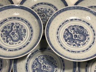 8 Vintage Chinese Rice Grain Eyes Dragon Pattern Blue & White Deep Plates China 2
