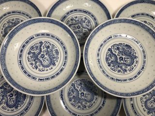 8 Vintage Chinese Rice Grain Eyes Dragon Pattern Blue & White Deep Plates China 4