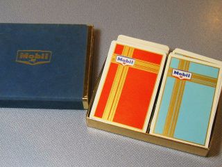 Vintage Mobil Oil Gas Two Decks Playing Cards Aqua Red Redislip W/ Mobil Box