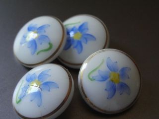 Set Of 4 Vintage Buttons Hand Painted Blue Flowers On Milk Glass - Le Chic