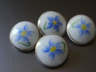 Set of 4 Vintage Buttons Hand Painted Blue Flowers on Milk Glass - Le Chic 2
