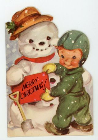 Vintage Diecut Christmas Greeting Card Boy Kid Snowman - Rust Craft