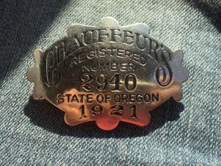 1921 Old Oregon Chauffeur Badge Rare Pin Metal Button Ore Or Vtg Irwin Hudson Co